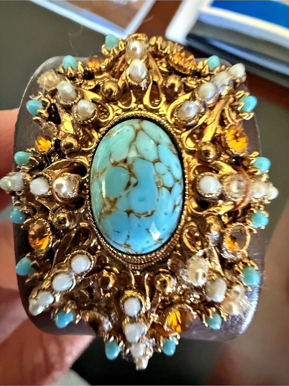 Made in the Deep South Ornate Turquoise Statement Watch in Brown & Gold